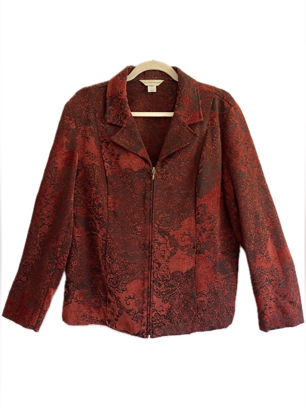 Christopher & Banks Rust Red Tapestry Patterned Zip Up Blazer Jacket Bohemian L